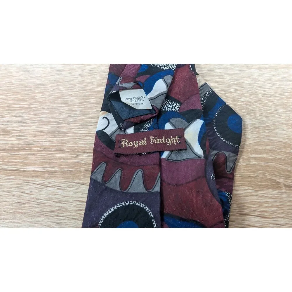 Vintage 80s 90s Royal Knight Abstract Geometric Tie Maroon Blue Gray Polyester